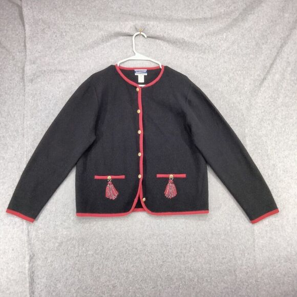 Pendleton Cardigan Sweater Wmns L 100% Wool Vintage Black Red Tassle Embroidery - Picture 1 of 11